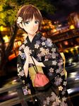  bag bangs blue_eyes blurry blush braid brown_hair canal city depth_of_field dutch_angle eyebrows eyebrows_visible_through_hair floral_print flower french_braid hair_flower hair_ornament highres holding holding_bag japanese_clothes kimono kinchaku light_smile looking_at_viewer mole mole_under_eye nayuta69 night obi original outdoors pouch railing sash short_hair side_braid solo tree yukata 