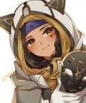  1girl ana_(overwatch) animal_hood atobesakunolove black_hair brown_eyes closed_mouth commentary dutch_angle facial_mark fang_out gloves headband highres holding hood hood_up looking_at_viewer mask mask_removed overwatch simple_background smile solo twitter_username upper_body white_background white_gloves 