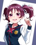  1girl absurdres bangs breasts clenched_hand commentary_request eyebrows_visible_through_hair hair_ribbon highres igarashi_kyouhei kazuno_leah long_hair long_sleeves looking_at_viewer love_live! love_live!_sunshine!! pink_eyes purple_hair ribbon school_uniform small_breasts solo upper_body white_ribbon 