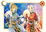 blonde_hair blue_(saga_frontier) blue_eyes headband jewelry magic male_focus multiple_boys necklace ponytail red_eyes robe rouge_(saga_frontier) saga saga_frontier sheath sheathed shiroma_(mamiko) siblings standing twins white_hair 