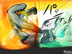  alolan_marowak aura bone dojikko_(ziodbon) fire gen_1_pokemon highres machamp marowak no_humans pokemon pokemon_(creature) pokemon_(game) pokemon_sm punching sweat twitter_username 