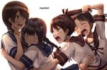  ayanami_(kantai_collection) black_hair blue_skirt blush braid breasts bright_background brown_eyes brown_hair closed_eyes collarbone commentary english hair_over_shoulder hair_pull hair_ribbon hug ichikawa_feesu isonami_(kantai_collection) kantai_collection long_hair medium_breasts mouth multiple_girls navel open_mouth pleated_skirt ponytail ribbon school_uniform serafuku shikinami_(kantai_collection) short_hair short_sleeves side_ponytail sidelocks single_braid skirt smile surprised sweatdrop tears teeth tongue upper_body uranami_(kantai_collection) wavy_mouth white_background 