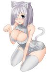  alternate_costume bare_shoulders between_legs blue_eyes breasts cat cat_tail cleavage_cutout eyes_visible_through_hair fang hair_ornament hair_over_one_eye hairclip hamakaze_(kantai_collection) hand_between_legs highres kantai_collection kemonomimi_mode large_breasts looking_at_viewer short_hair silver_hair simple_background sin_(kami148) sitting solo striped sweater_vest tail thighhighs vertical_stripes white_background 