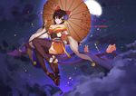  above_clouds absurdres alternate_costume alternate_hairstyle bare_shoulders black_legwear blush bow breasts bridal_gauntlets brown_skirt bunny cherry_blossoms cleavage commentary_request detached_sleeves flower flying full_body geta gohei hair_bow hair_flower hair_ornament hakurei_reimu highres japanese_clothes kimono kimono_skirt looking_at_viewer medium_breasts miniskirt night night_sky obi off_shoulder oriental_umbrella petals red_bow ribbon-trimmed_sleeves ribbon_trim sash skirt sky solo sunshine_(1638509769) thighhighs touhou umbrella wide_sleeves zettai_ryouiki 