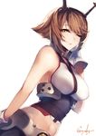  ;) artist_name bare_shoulders breasts brown_hair closed_mouth commentary_request from_side gloves green_eyes hairband headgear kantai_collection kyouya_(mukuro238) large_breasts looking_at_viewer looking_to_the_side midriff mutsu_(kantai_collection) navel one_eye_closed radio_antenna short_hair sideboob sleeveless smile solo stomach upper_body white_background white_gloves 