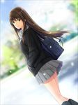  blurry blush brown_hair cardigan depth_of_field dutch_angle green_eyes hand_in_pocket highres idolmaster idolmaster_cinderella_girls light_smile long_hair looking_at_viewer nayuta69 necktie school_uniform shibuya_rin skirt solo 