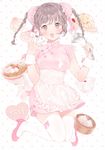  :d absurdres apron bad_id bad_pixiv_id bamboo_steamer bangs baozi braid brown_eyes brown_hair bun_cover china_dress chinese_clothes commentary_request double_bun dress earrings food food_on_clothes fork fried_rice hair_ribbon heart heart_earrings high_heels highres jewelry kamaboko knees_together_feet_apart ladle looking_at_viewer narutomaki noodles open_mouth original pink pink_dress polka_dot polka_dot_background ramen ribbon shizuko_(chipccchip) signature smile solo thighhighs twin_braids waist_apron white_legwear wrist_cuffs 