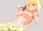  animal_ears blonde_hair blush breasts bunny_ears dango floppy_ears food grey_background highres holding holding_food large_breasts lifted_by_self looking_at_viewer navel nipple_slip nipples no_hat no_headwear orange_shirt parted_lips red_eyes ringo_(touhou) shiny shiny_skin shirt shirt_lift short_hair short_sleeves shorts solo stomach tenyunkel touhou wagashi 