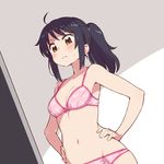  :&lt; ahoge bangs bare_arms bare_shoulders black_hair blush bow bow_bra bra breasts brown_eyes chan_co cleavage closed_mouth eyebrows_visible_through_hair frown hands_on_hips kimi_no_na_wa lingerie long_hair medium_breasts miyamizu_mitsuha navel panties personality_switch pink_bra pink_panties ponytail solo standing sweat underwear underwear_only v-shaped_eyebrows 