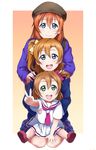  absurdres age_difference beret blue_eyes brown_hair character_request female_singer_(love_live!) green_eyes hat highres kousaka_honoka lineup love_live! love_live!_school_idol_project love_live!_sunshine!! love_live!_the_school_idol_movie multiple_girls one_side_up open_mouth orange_hair otonokizaka_school_uniform school_uniform serafuku shiimai short_hair trait_connection uranohoshi_school_uniform v what_if 