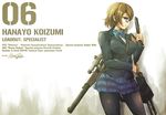  black_legwear blazer blue_bow blue_skirt bow bowtie brown_eyes brown_hair character_name earrings glasses gun h&amp;k_usp handgun heckler_&amp;_koch highres hiroki_ree holding holding_gun holding_weapon jacket jewelry koizumi_hanayo looking_at_viewer love_live! love_live!_school_idol_project number otonokizaka_school_uniform panties pleated_skirt rifle school_uniform short_hair signature skirt sniper_rifle solo striped striped_bow trigger_discipline underwear vss_vintorez weapon 