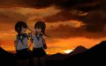 annin_musou bag braid brown_eyes brown_hair cloud commentary_request hand_in_hair handbag isonami_(kantai_collection) kantai_collection mountain multiple_girls open_mouth pleated_skirt school_uniform serafuku sketch skirt sky smile sunset twin_braids uranami_(kantai_collection) 