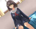  alternate_eye_color bangs blush brown_hair green_eyes katou_megumi on_bed saenai_heroine_no_sodatekata school_uniform short_hair sitting sitting_on_bed solo takemitsu-zamurai window 