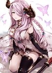  armpit_peek artist_name asymmetrical_gloves black_gloves black_legwear blue_eyes braid breasts bug butterfly closed_mouth commentary_request draph elbow_gloves gloves granblue_fantasy hair_ornament hair_over_one_eye highres horns insect katana kyouya_(mukuro238) large_breasts lavender_hair long_hair looking_at_viewer low_tied_hair narmaya_(granblue_fantasy) pointy_ears sheath sheathed sideboob single_braid single_thighhigh sitting sleeveless smile solo sword thigh_strap thighhighs wariza weapon 