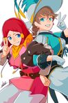  :3 alisha_diphda artist_name back-to-back gloves green_eyes locked_arms long_hair multiple_girls red_hair rose_(tales) scarf short_hair tales_of_(series) tales_of_zestiria ubo_(ubo_tales) v 