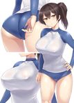  :o alternate_costume ass ass_visible_through_thighs bikini_bottom black_hair blush breasts brown_eyes clothes_pull commentary_request covered_nipples cowboy_shot hand_on_hip impossible_clothes kaga_(kantai_collection) kantai_collection large_breasts long_sleeves looking_at_viewer multiple_views no_bra pulled_by_self rash_guard sama_samasa see-through side_ponytail sweat 