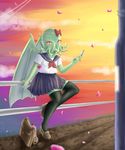  2016 absurd_res blush bow cellphone clothed clothing crossdressing cthulhu cthulhu_mythos digital_media_(artwork) h.p._lovecraft hair_bow hair_ribbon hi_res humanoid indidere legwear looking_at_viewer outside phone ribbons sailor_outfit simple_background skirt solo stockings sunset tentacles trap_(disambiguation) wings 
