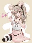  animal_ears bandages bear_ears black_panties brown_eyes brown_hair camisole commentary_request gao girls_und_panzer looking_at_viewer open_mouth panties paw_pose shimada_arisu side-tie_panties side_ponytail single_thighhigh sitting solo striped striped_legwear thighhighs underwear underwear_only wariza yumesato_makura 