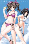  bikini black_hair blue_bikini blue_sky breasts brown_eyes brown_hair camera checkered checkered_bikini cleavage cloud day from_behind hand_on_hip hat himekaidou_hatate leaning_forward looking_back medium_breasts multiple_girls navel outdoors parted_lips phone print_bikini purple_bikini red_eyes rokuwata_tomoe sandals shameimaru_aya short_hair side-tie_bikini sky string_bikini swimsuit tokin_hat touhou twintails underboob 