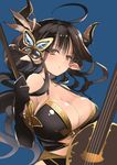  ahoge augusta_(granblue_fantasy) black_gloves black_hair blue_background blush breasts butterfly_hair_ornament cello cleavage draph gloves granblue_fantasy hair_ornament horns instrument large_breasts long_hair mizuno_(suisuiw) open_mouth pointy_ears simple_background sketch solo yellow_eyes 