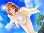  bikini blue_eyes blurry blush breasts brown_hair cleavage cloud cloudy_sky day depth_of_field dutch_angle large_breasts looking_at_viewer nayuta69 original palm_tree short_hair sky solo sun swimsuit tree white_bikini 