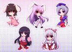  animal_ears bad_id bad_pixiv_id banned_artist black_hair bunny_ears chibi everyone fujiwara_no_mokou hair_ribbon hat highres houraisan_kaguya inaba_tewi long_hair multiple_girls purple_eyes purple_hair red_eyes reisen_udongein_inaba ribbon short_hair silver_hair skirt thighhighs touhou yagokoro_eirin yuuka_nonoko 