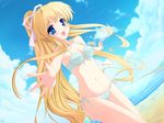  air beach bikini blonde_hair blue_eyes bow day hair_bow highres kamio_misuzu long_hair lowleg lowleg_bikini natsumiya_yuzu outdoors ponytail side-tie_bikini solo swimsuit very_long_hair 