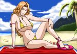  armband beach bikini bleach bracelet breasts cleavage day high_heels jewelry large_breasts long_hair matsumoto_rangiku micro_bikini mole mole_under_mouth netspike orange_hair outdoors shoes solo swimsuit towel untied watch wristwatch 