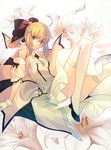  absurdres ahoge artoria_pendragon_(all) bare_shoulders blonde_hair bow breasts cleavage detached_sleeves fate/stay_night fate/unlimited_codes fate_(series) flower gloves green_eyes hair_bow hair_ribbon highres lily_(flower) looking_at_viewer medium_breasts petals ponytail ribbon saber saber_lily solo takeuchi_takashi thighhighs thighs white_legwear wing_collar 