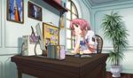  absurdres alternate_hair_length alternate_hairstyle aria aria_the_natural aria_the_origination cd_case chin_rest computer desk hair_tubes highres long_hair mizunashi_akari monitor non-web_source older picture_(object) pink_hair ponytail room sidelocks solo 