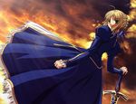  absurdres ahoge artoria_pendragon_(all) blonde_hair blue_dress blue_ribbon braid breasts caliburn cloud cloudy_sky dress fate/stay_night fate_(series) french_braid green_eyes hair_ribbon hand_on_sword highres ishihara_megumi juliet_sleeves lens_flare long_sleeves looking_at_viewer looking_back medium_breasts official_art outdoors planted_sword planted_weapon print_dress puffy_sleeves ribbon saber scan sky smile solo sunset sword weapon 