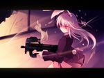  animal_ears bullpup bunny_ears bunny_tail damaged glaring glowing glowing_eyes gun highres kazakura letterboxed long_hair ofuda p90 purple_hair red_eyes reisen_udongein_inaba solo submachine_gun tail touhou wallpaper weapon 