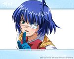  blue_hair blush bow eyepatch gloves green_eyes ikkitousen ikkitousen~dragon_destiny~ mole open_mouth ryomou_shimei school_uniform seifuku short_hair 