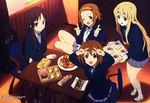  absurdres akitake_seiichi akiyama_mio bang bangs blazer blunt_bangs chair cookie desk dessert finger_gun food highres hime_cut hirasawa_yui jacket k-on! knees_together kotobuki_tsumugi long_hair megami multiple_girls official_art one_eye_closed pantyhose school_uniform shoes socks table tainaka_ritsu tray uwabaki v 