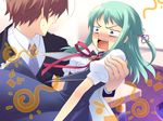  1boy 1girl angry aqua_hair blue_eyes blush brown_hair carrying dendou_akira fangs flyable_heart game_cg hair_ornament highres itou_noiji katsuragi_shou necktie open_mouth princess_carry ribbon school_uniform sweatdrop 