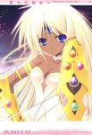  armband armor bare_shoulders blonde_hair blue_eyes breasts choker cleavage copyright_request dark_skin dress gauntlets gem highres lace long_hair medium_breasts oono_tetsuya smile solo third_eye very_long_hair 