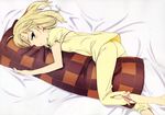  absurdres ahoge artoria_pendragon_(all) barefoot bed blonde_hair blush body_pillow checkered fate/stay_night fate_(series) green_eyes hair_down highres kuwana_ikuo on_bed pajamas pillow pillow_hug saber scan solo 