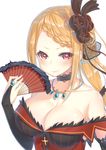  bad_id bad_pixiv_id bare_shoulders black_flower black_rose blush braid breasts bridal_gauntlets choker cleavage fan flower french_braid hair_flower hair_ornament hakuishi_aoi holding holding_fan jewelry lace-trimmed_choker lace_trim large_breasts long_hair looking_at_viewer necklace orange_hair priscilla_barielle re:zero_kara_hajimeru_isekai_seikatsu red_eyes rose sidelocks smile solo upper_body white_background 