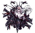  ahoge aircraft airplane anchor bangs battleship_girl black_bra black_hands bra bra_over_clothes breasts chain claw_(weapon) cleavage dress eyebrows eyebrows_visible_through_hair eyelashes floating_hair gauntlets glowing glowing_eyes gorget grey_hair hair_between_eyes highres large_breasts long_hair looking_at_viewer mecha_musume quuni red_eyes shade shinkaisei-kan silver_hair simple_background skindentation sleeveless sleeveless_dress smile solo tongue turret underwear weapon white_background white_dress 