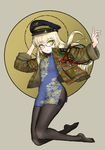  1girl blonde_hair cap chinese_clothes glasses long_hair military_uniform pantyhose perrine_h_clostermann qipao strike_witches yellow_eyes 