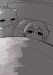  &lt;o&gt;_&lt;o&gt; 1girl bed bed_sheet bedroom blanket blush closed_mouth comforter eyebrows_visible_through_hair facial_hair greyscale hair_between_eyes highres igarashi_futaba_(shiromanta) indoors lying monochrome mustache on_back pillow senpai_ga_uzai_kouhai_no_hanashi shiromanta solo stuffed_animal stuffed_cat stuffed_toy under_covers 