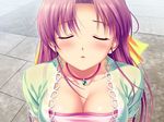  1girl aoi_matsuri blush bow breasts cleavage clover eyes_closed female hair_bow hair_ornament jewelry large_breasts necklace pink_hair purple_hair tropical_kiss 