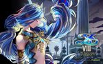  2016 artist_request blue_hair castle closed_eyes company_name copyright_name dana_(ys) highres long_hair official_art profile revealing_clothes sash smile solo spikes upper_body ys ys_viii_lacrimosa_of_dana 