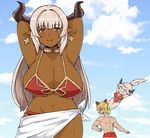  2girls adapted_costume alicia_(granblue_fantasy) aliza_(granblue_fantasy) alternate_skin_color animal_ears arms_up bangs bikini blue_sky blush breasts cat_ears cleavage cloud collarbone cross cross_earrings curvy dark_skin day draph earrings erune eyebrows eyebrows_visible_through_hair flying_kick ghostdoctor granblue_fantasy groin hair_intakes horns in_the_face jealous jewelry kicking large_breasts long_hair looking_at_viewer mature mother_and_daughter multiple_girls navel one-piece_swimsuit outdoors pointy_ears ponytail red_bikini red_eyes sarong silver_hair sky smile solo_focus spitting spitting_blood stan_(grandblue_fantasy) swimsuit underboob 