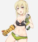  blonde_hair breasts cleavage explosive fang fingerless_gloves front-tie_top genderswap genderswap_(mtf) gloves groin highres junkrat_(overwatch) mechanical_arm medium_breasts navel open_mouth overwatch red_eyes short_shorts shorts single_glove solo tian_zhao_tian_dou torn_clothes torn_shorts 