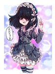  artist_name black_hair blue_eyes bubble choker dress frilled_dress frills hair_over_one_eye hairband highres jcm2 lucy_loud open_mouth signature skirt_hold smile solo striped striped_legwear the_loud_house thighhighs translated v zettai_ryouiki 