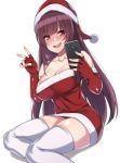  1girl awkward bangs bare_shoulders black_panties blush breasts cellphone cleavage collarbone dress elbow_gloves eyebrows_visible_through_hair fingerless_gloves fur-trimmed_dress girls_frontline gloves hat highres holding holding_phone large_breasts long_hair looking_at_viewer panties phone purple_hair red_dress red_eyes red_gloves santa_hat shiny shiny_skin sidelocks simple_background sitting skindentation smartphone solo spicy_moo strapless strapless_dress thighhighs thighs underwear v very_long_hair wa2000_(girls_frontline) white_background white_legwear yokozuwari 