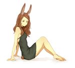  animal_ears arm_support barefoot brown_eyes brown_hair bunny_ears bunny_tail closed_mouth dress from_side full_body looking_at_viewer mgg_(x_arte) original simple_background sitting sleeveless sleeveless_dress smile solo tail white_background 
