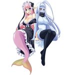  2girls black_sclera blue_skin lala_(monster_musume) mermaid meroune_lorelei monster_girl monster_musume_no_iru_nichijou multiple_girls pink_hair sitting smile yellow_eyes 