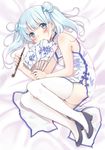 :o artist_request bed_sheet blue_eyes china_dress chinese_clothes double_bun dress fan floral_print highres holding holding_pipe kiseru kuuki_shoujo light_blue_hair long_hair lying on_side pelvic_curtain pipe side_slit sleeveless solo the_personification_of_atmosphere thighhighs twintails white white_legwear 